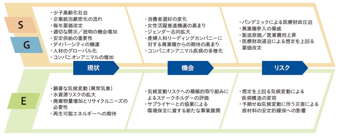 マテリアリティ特定の背景 SとG 現状 少子高齢化社会、企業統治厳密化の流れ、毎年薬価改定、適切な開示、説明の機会増加、安定供給の重要性、ダイバーシティの推進、人材のグローバル化、コンパニオンアニマルの増加、Eの現状 顕著な気候変動（異常気象）、水資源リスクの拡大、廃棄物量増加とリサイクルニーズの必要性、再生可能エネルギーへの期待、SとG 機会 消費者選好の変化、女性活躍推進機運の高まり、ジェンダー志向拡大、産婦人科リーディングカンパニーに対する異業種からの期待の高まり、コンパニオンアニマル疾病の多様化、Eの機会 気候変動リスクへの積極的取り組みによるステークホルダーの評価、サプライヤーとの協業による環境保全に資する新たな事業展開、SとG リスク パンデミックによる医療財政圧迫、異業種参入の脅威、製造原価、営業費用上昇、医療財政逼迫による想定を上回る薬価改定、Eのリスク 想定を上回る気候変動による疾病構造の変容、予期せぬ気候変動に伴う災害による原材料の安定的確保への影響