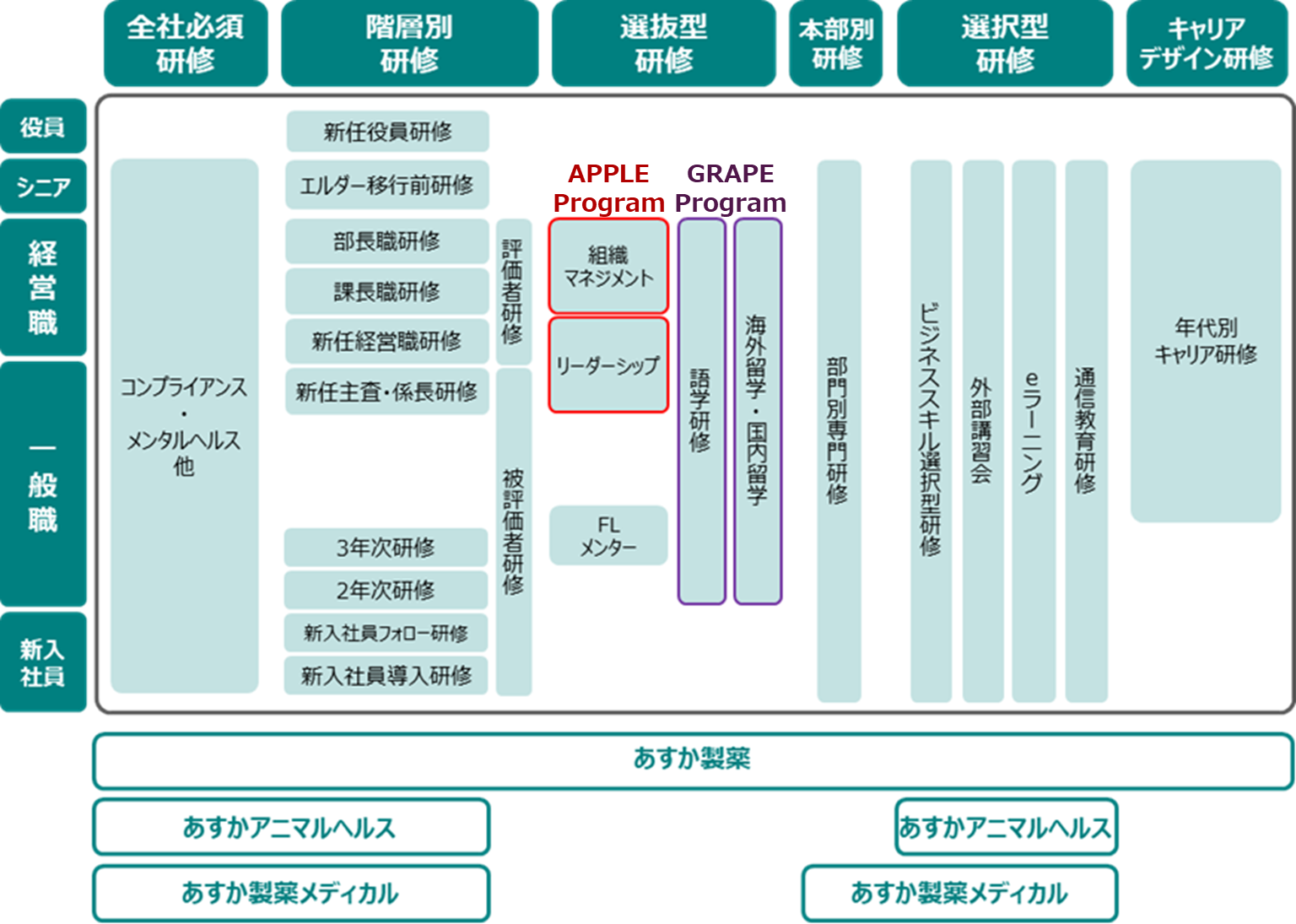 役員・シニア・経営職・一般職・新入社員に対し全社必須・階層別・選抜型・本部別・選択型・キャリアデザイン研修を提供している事を示している体制図。対象はグループ会社を含む。